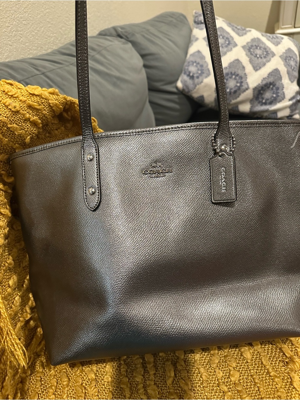 Coach Pebbled Leather Tote in Dark Brown/Black